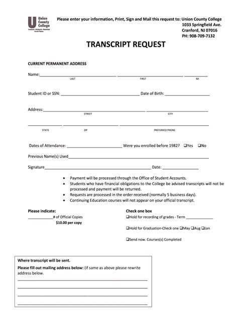 union county college nj transcript request